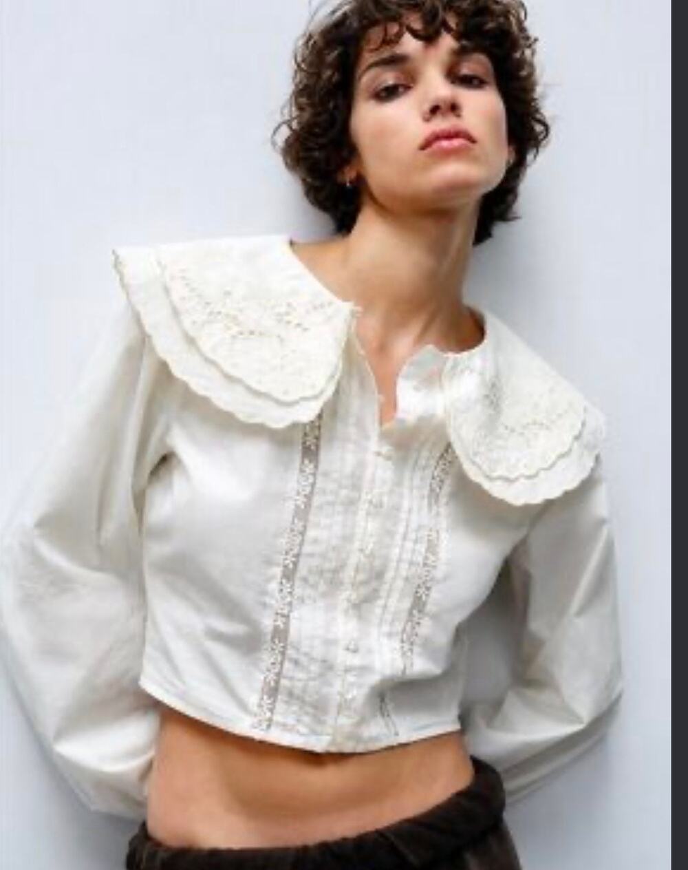 Zara Peter Pan Collar Button Up Cropped Top Cottagecore White size small womens